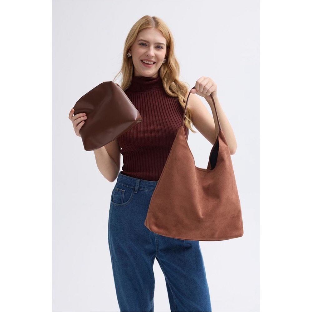 Suede Purse Hobo Bag Slouchy Tote Bag Suede HandbagBrown :3